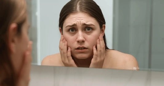 A person hesitating at the bathroom sink, experiencing fear of washing their face due to a stinging, retinol-damaged skin barrier.