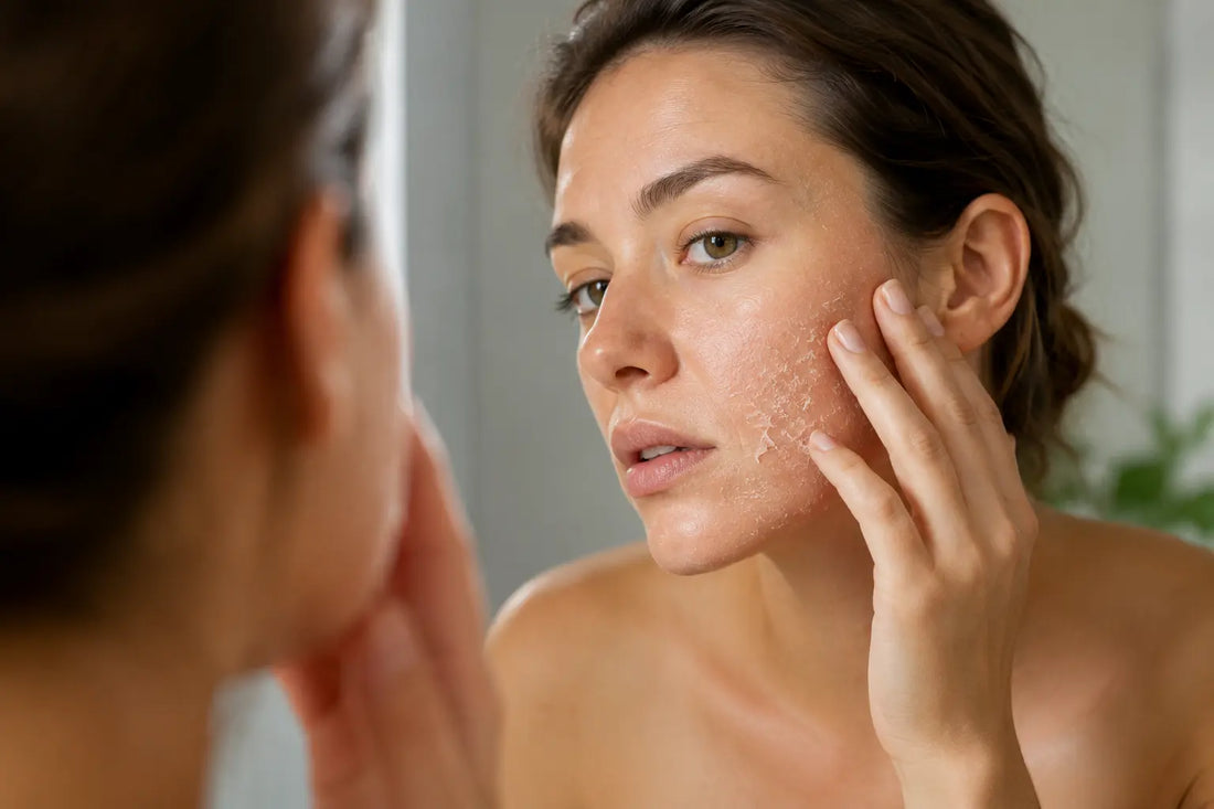 Person checking dry flaky skin on face in a calm bathroom mirror