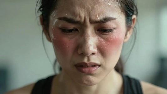 A stressed person in a gym locker room looking in the mirror, frustrated by red, irritated skin and breakouts after a workout.