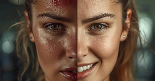 A split-screen comparison of a woman's face after a workout. The left side shows irritated, sweaty, stressed skin with visible acne breakouts on the forehead and jawline. The right side shows the same woman smiling with clear, calm, and glowing skin.