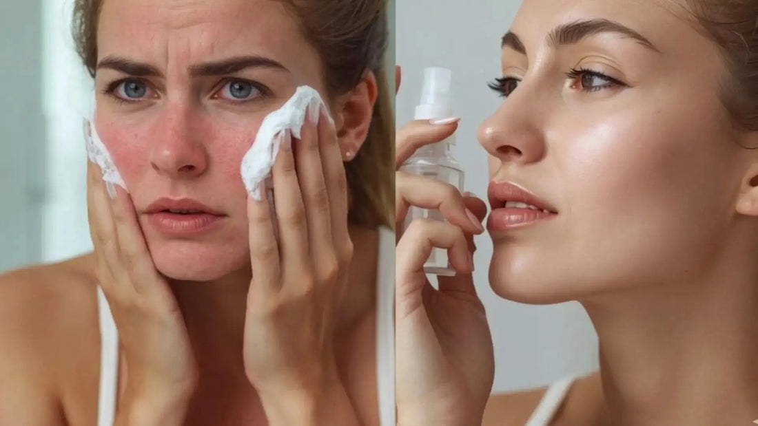 A split-screen comparison. Left side shows a frustrated sweaty woman aggressively scrubbing her red, congested face. Right side shows the same woman with calm, clear skin gently spraying a fine HOCl mist.