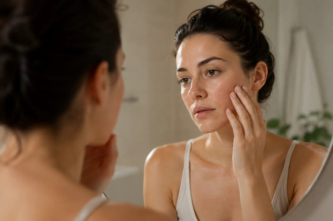 Person checking sensitive skin before using hypochlorous acid with retinol