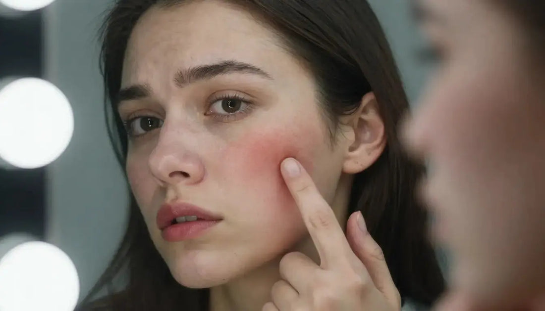 A concerned woman looking in a mirror, gently touching a red, irritated patch on her cheek, representing skincare regret and a damaged skin barrier.