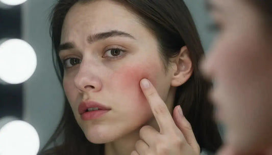 A concerned woman looking in a mirror, gently touching a red, irritated patch on her cheek, representing skincare regret and a damaged skin barrier.