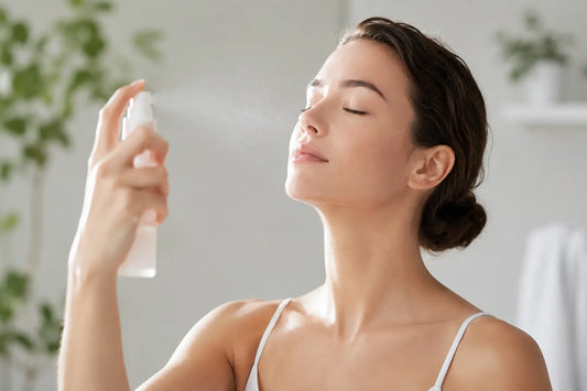 Person using hypochlorous acid spray in a clean skincare routine