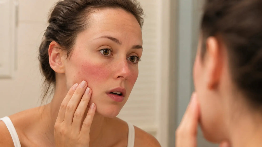  Woman checking sudden facial redness in mirror — understanding what causes skin redness on face is the first step to calming it