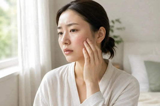 Person gently touching cheek with retinol burn irritation near a softly lit bedroom window